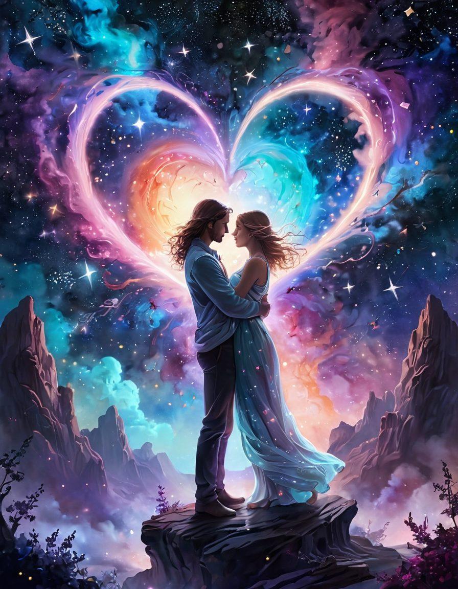 A cosmic landscape depicting two ethereal figures embracing among a backdrop of twinkling stars and swirling galaxies, symbolizing ecstatic intimacy and affection. Soft, radiant colors create a dreamy atmosphere, with beams of light connecting the figures, representing the secrets of love. Stars in various shapes and sizes scatter around, emphasizing the celestial theme. Floating hearts and glowing orbs add to the enchanting scene. digital painting. vibrant colors. surreal.