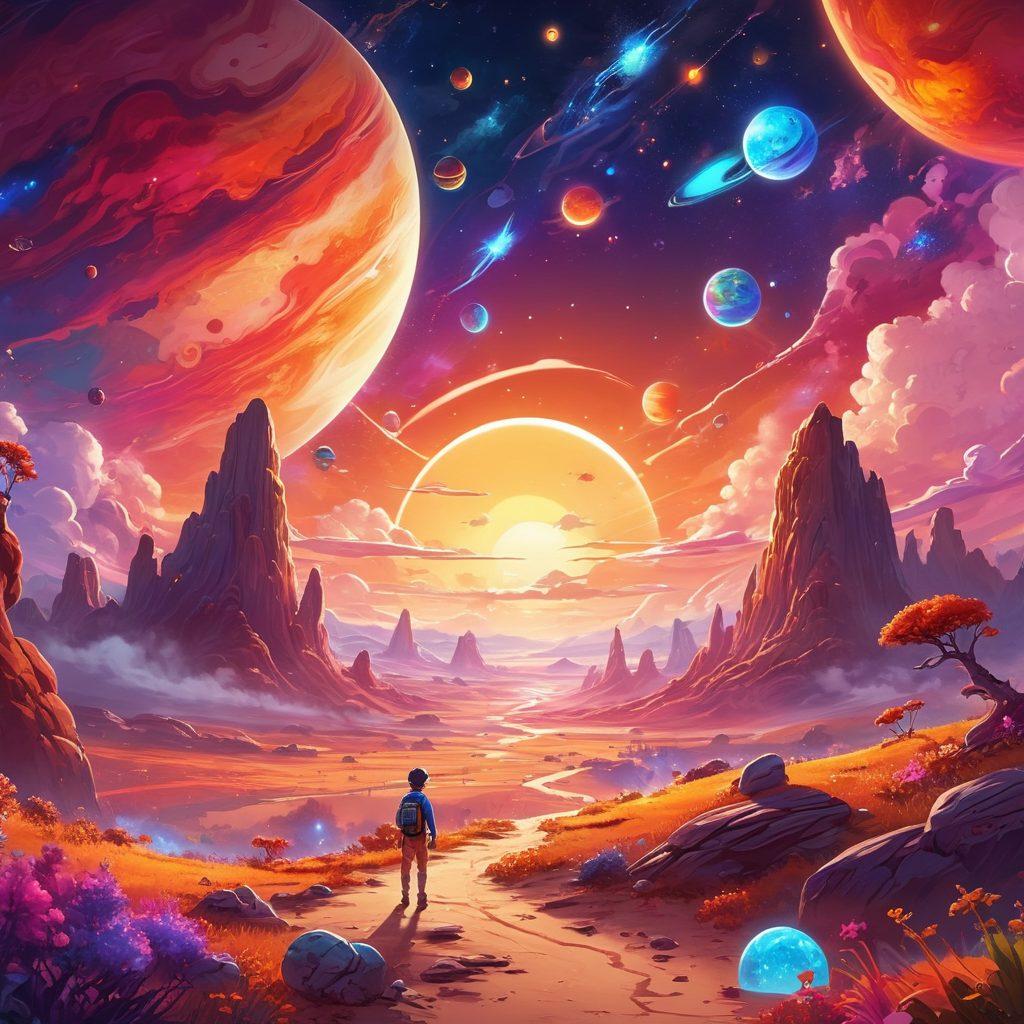 A whimsical landscape filled with colorful planets and celestial bodies representing joy and satisfaction, with playful characters exploring the universe, surrounded by sparkling stars and vibrant clouds of delight. The scene is illuminated by a warm, glowing light, evoking a sense of wonder and excitement. cartoon style. vibrant colors. dreamy atmosphere.