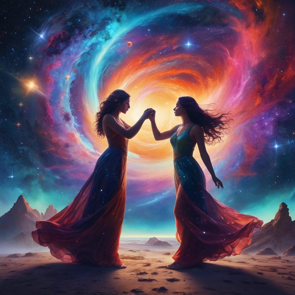 A cosmic scene depicting two ethereal figures entwined in a dance amidst a starry night sky, surrounded by vibrant nebulae and celestial bodies. Soft lights and sparkling stars reflect the joy and intimacy of their connection, with planets and comets adding a sense of wonder. The colors are rich and dreamy, conveying warmth and pleasure in a cosmic embrace. super-realistic. vibrant colors. space-themed.